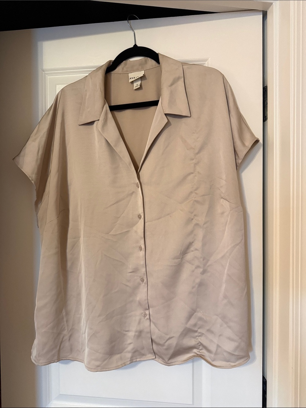 Ava & Viv Taupe Short-Sleeve Button-Front Blouse